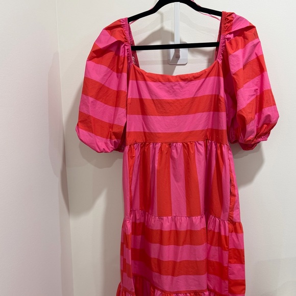Peach Love California Bold Pink and Red Puffed Sleeve Striped Maxi Dress- Large - Picture 5 of 7